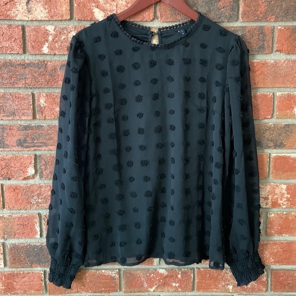 Luna Rae Black Pom Pom Swiss Dot Long Sleeve Blouse